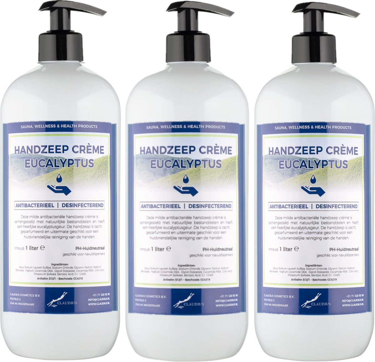 Handzeep Crème Eucalyptus 1 liter - met gratis pomp - set van 3 stuks