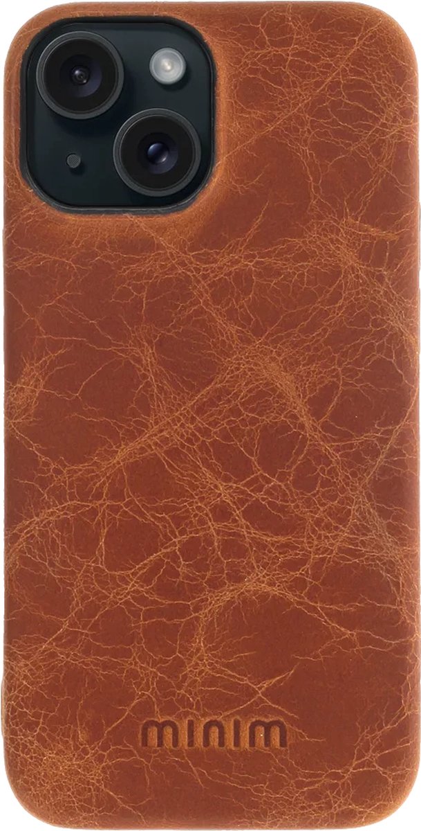 Minim Hoesje Echt Leer Geschikt voor Apple iPhone 15 - Lederen Back Cover - Cognac