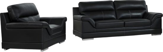 Driezitsbank en fauteuil van buffelleer MONIKA - Zwart L 235 cm x H 100 cm x D 103 cm