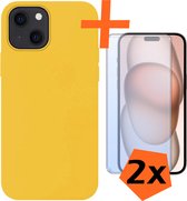 Hoesje Geschikt voor iPhone 15 Hoesje Siliconen Cover Case Met 2x Screenprotector - Hoes Geschikt voor iPhone 15 Hoes Back Case - Geel