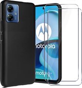 Casemania Hoesje Geschikt voor Motorola Moto G14 Zwart & 2X Glazen Screenprotector - Siliconen Back Cover