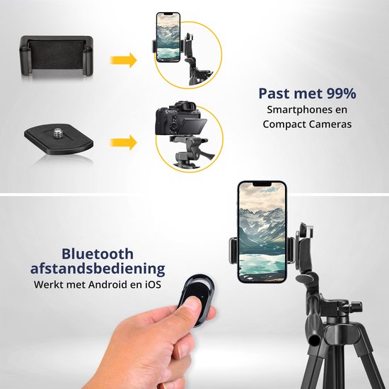 Illustratie toont telefoonhouder en camera bevestiging op statief, en bluetooth afstandsbediening.