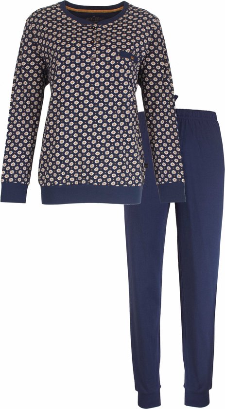 Medaillon Dames Pyjama - 100% Katoen - Blauw met Bloemetjes - Maat L
