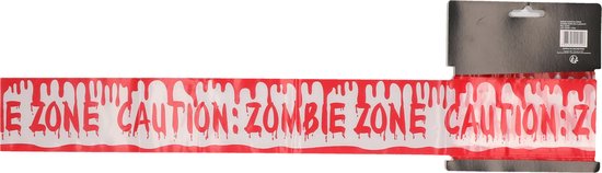 Foto: Markeerlint afzetlint caution zombie zone 9m rood wit kunststof