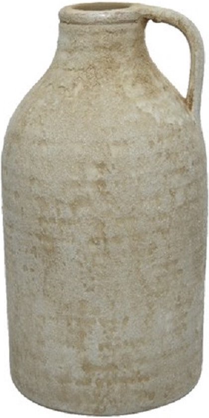 Decoris vaas kruik/fles model - terracotta - creme wit - D15 x H30 cm - vintage