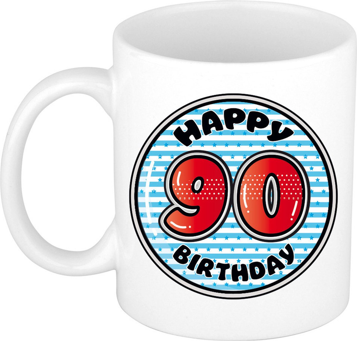Bellatio Decorations Verjaardag cadeau mok - 90 jaar - blauw - gestreept - 300 ml - keramiek