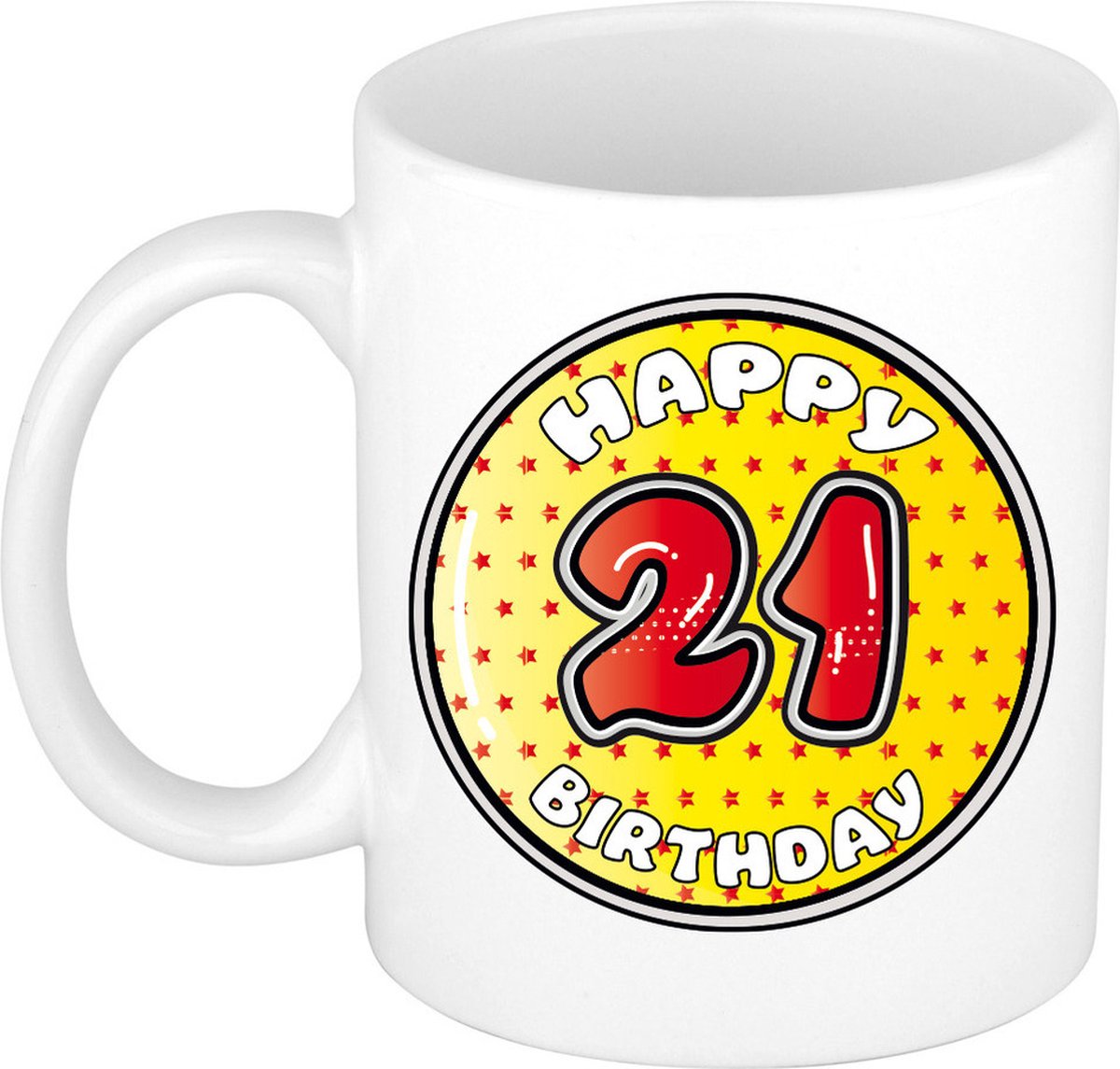 Bellatio Decorations Verjaardag cadeau mok - 21 jaar - geel - sterretjes - 300 ml - keramiek