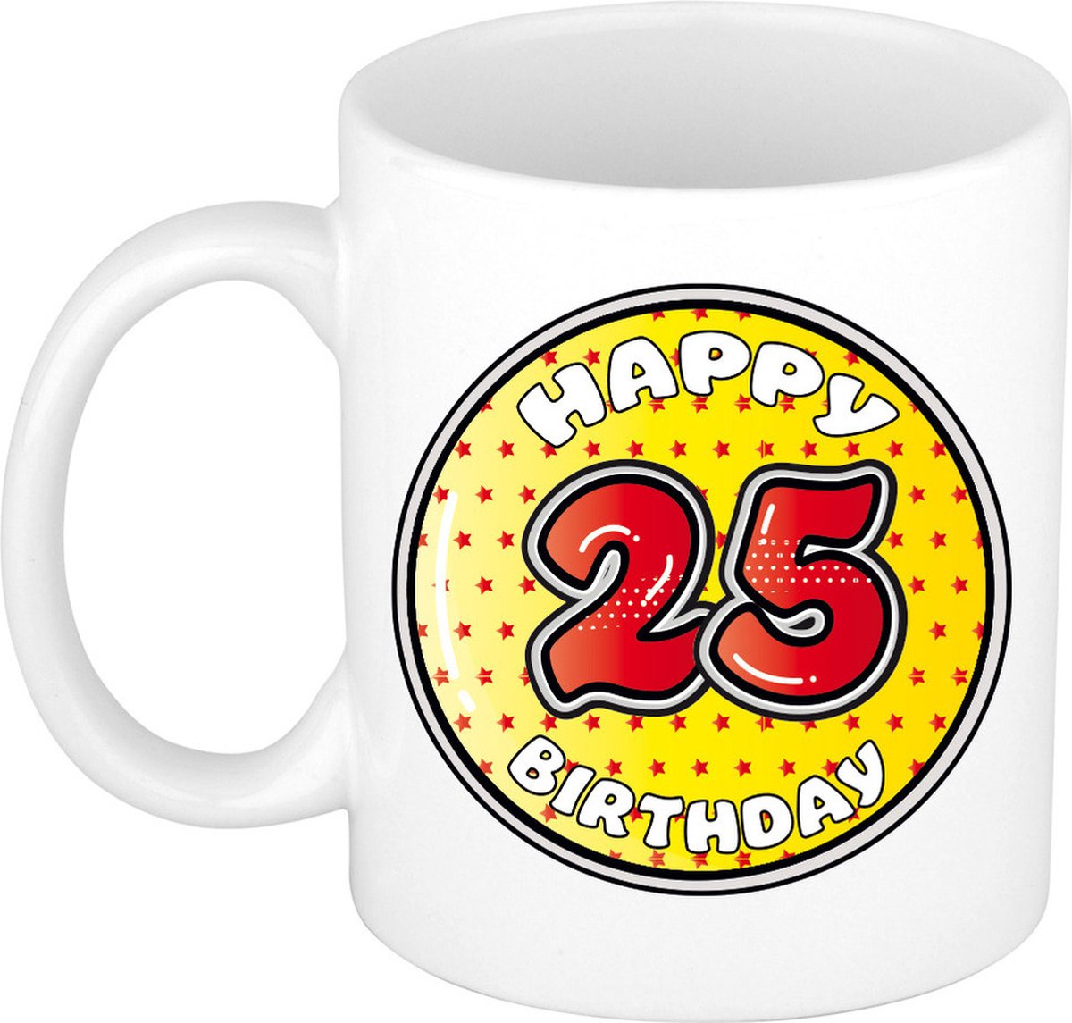 Bellatio Decorations Verjaardag cadeau mok - 25 jaar - geel - sterretjes - 300 ml - keramiek