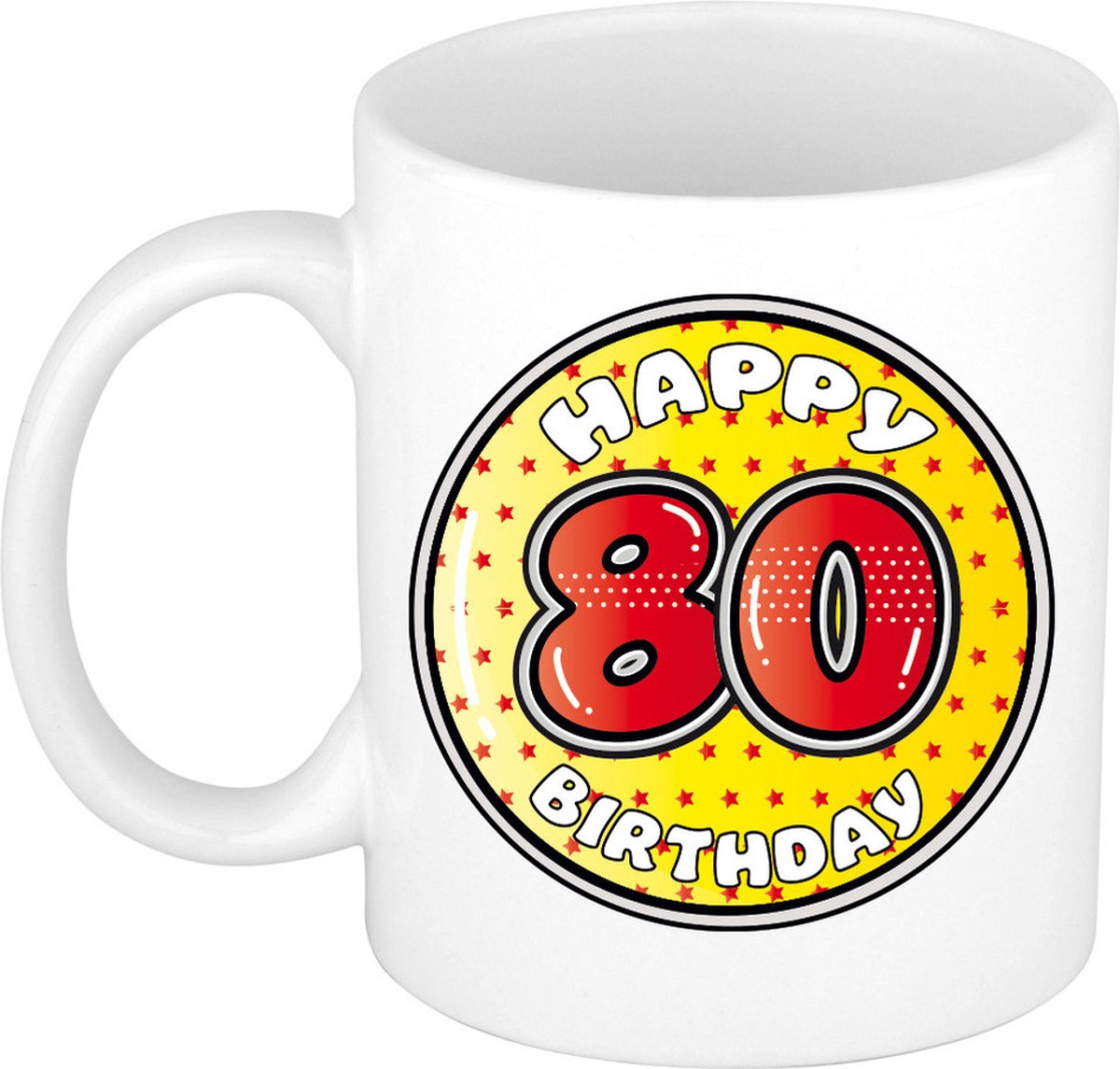 Bellatio Decorations Verjaardag cadeau mok - 80 jaar - geel - sterretjes - 300 ml - keramiek