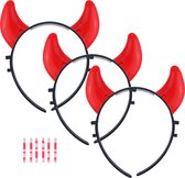 Halloween duivel hoorntjes - 3x - glow in the dark - diadeem - rood - kunststof