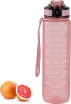 Bol.com Flow Goods Motivatie Waterfles - Rosé – Drinkfles met Rietje – Waterfles 1 Liter – Waterfles met Tijdmarkeringen aanbieding