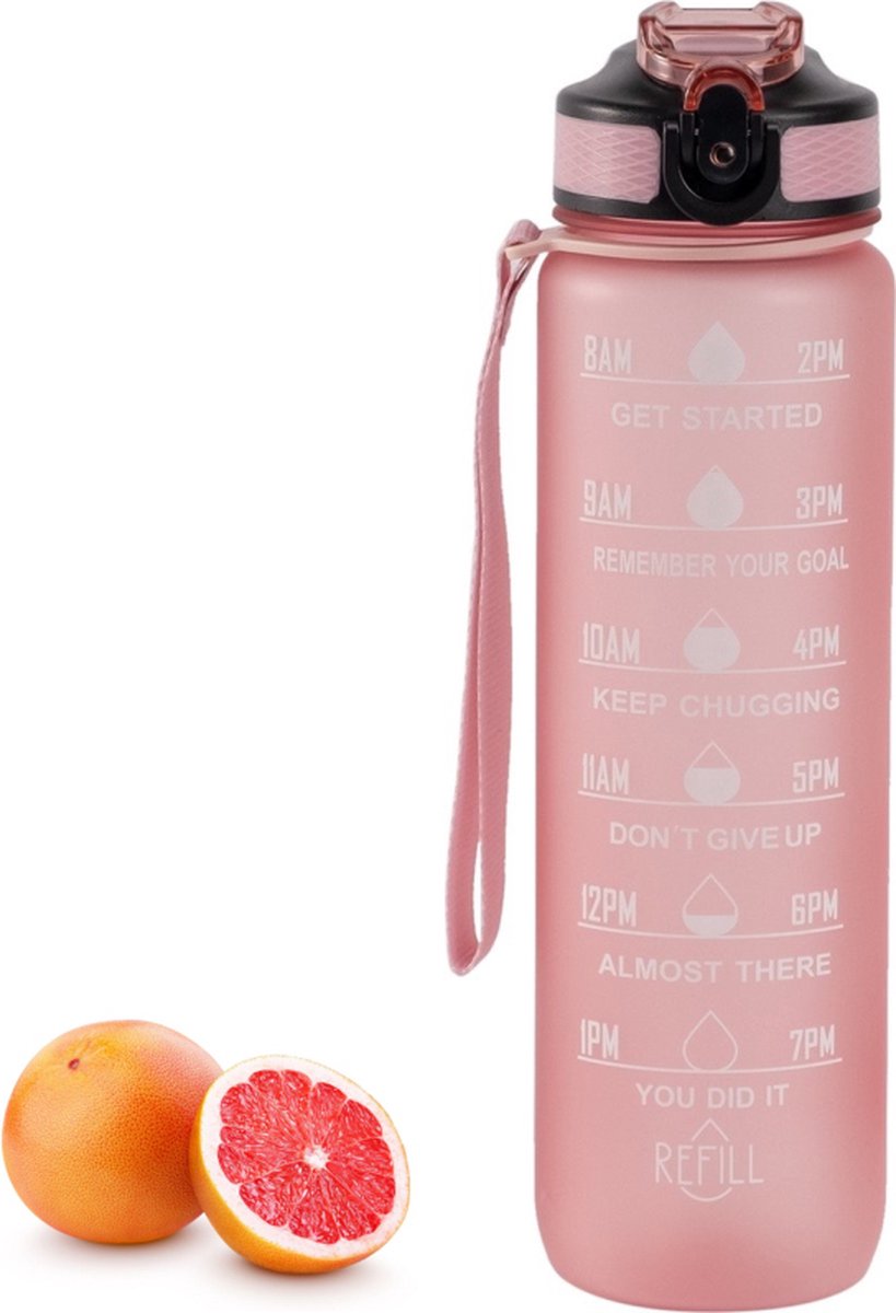 Flow Goods Motivatie Waterfles - Rosé – Drinkfles met Rietje – Waterfles 1 Liter – Waterfles met Tijdmarkeringen