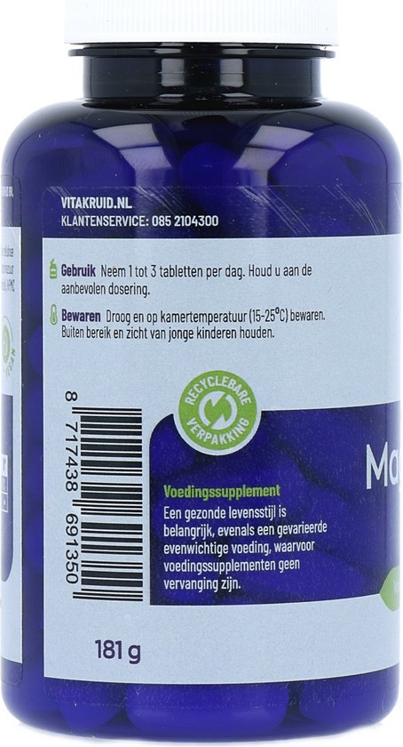 Achterkant van de pot Vitakruid Magnesium 150 Bisglycinaat (181g) met gebruiksaanwijzing.