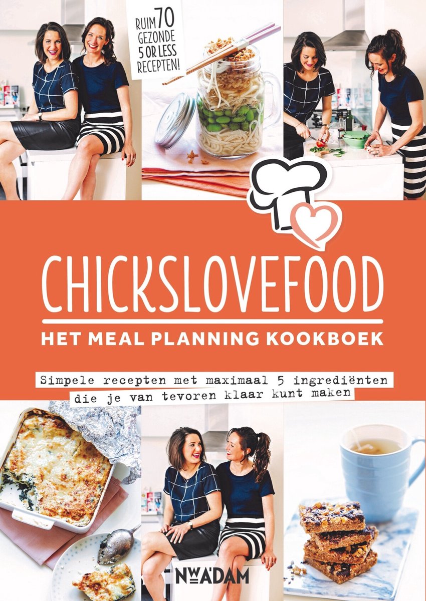 Boekomslag met tekst CHICKSloveFOOD, twee vrouwen, lasagne en een salade.