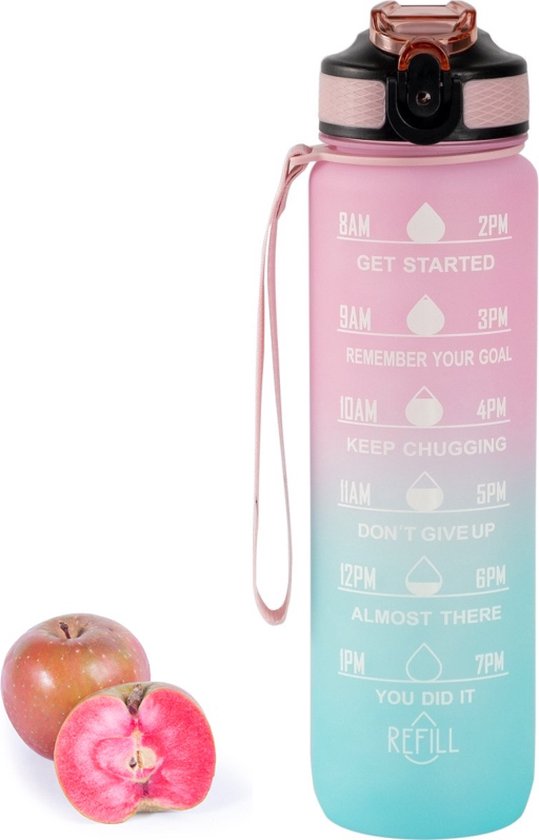 Flow Goods Gourde Motivationnelle - Rose/ Blauw - Gourde avec Paille - Gourde 1 Litre - Gourde avec Affichage de l'Heure