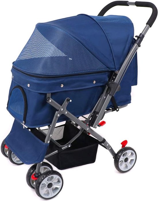 Foto: Huisdier vierwielige trolley katten honden karren schokbestendig duurzaam wandelwagen verstelbare richting n klik vouwen snelle installatie geschikt voor reizen met 5 huisdier matten blauw 