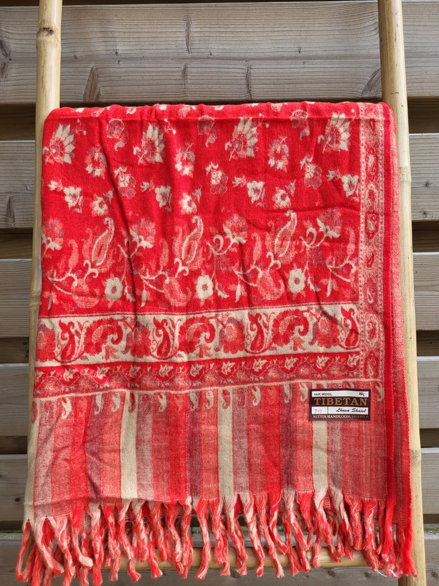 Nepal Omslagdoek Plaid Sjaal Yak Wol/Acryl (200 x 100 cm) Rood/Creme