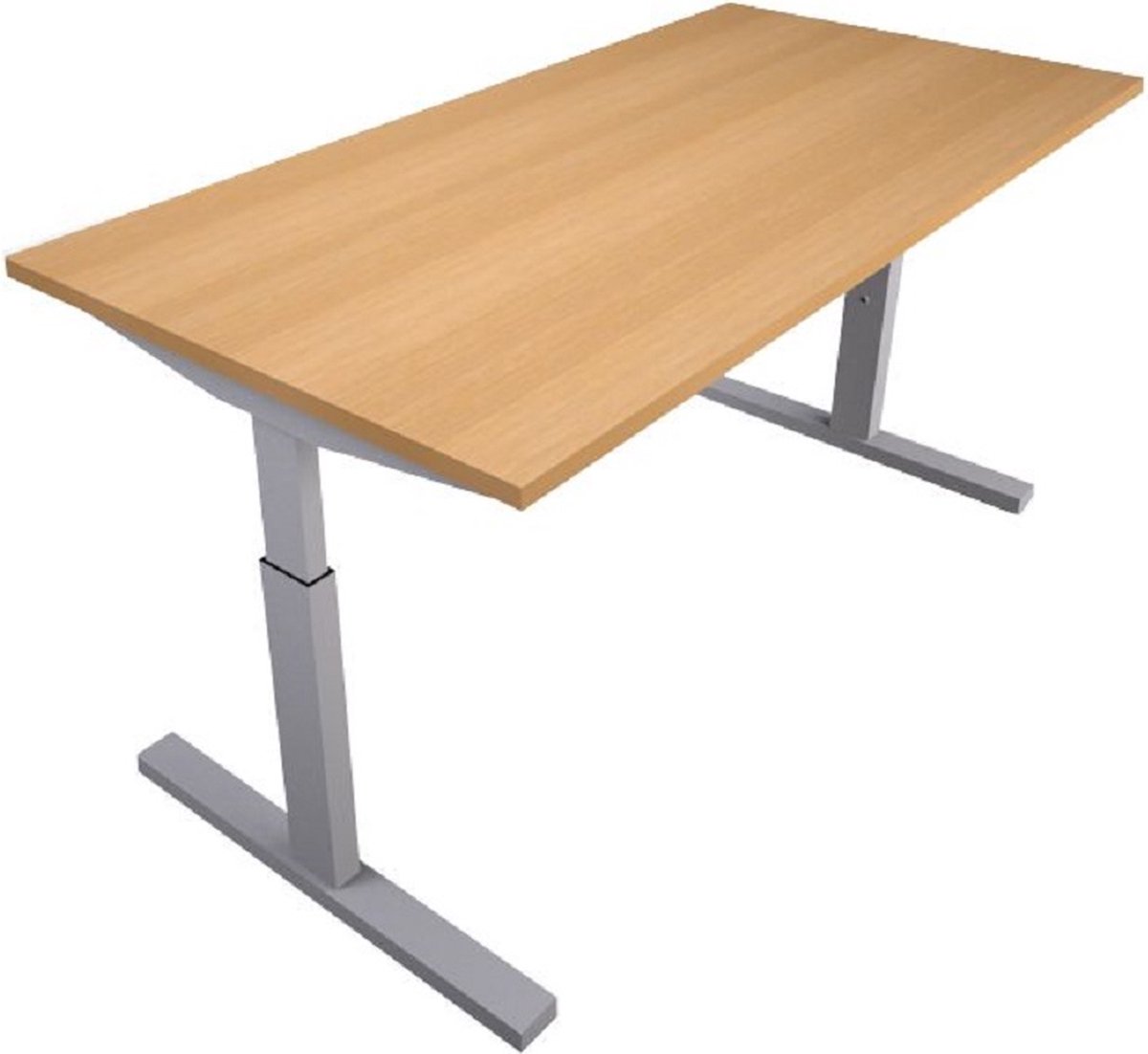 “PrimaVera” ergonomisch bureau met de afmeting van 160 x 80 cm. Frame aluminium, werkblad Lindberg-eiken. In hoogte te verstellen van 62 – 86 cm.
