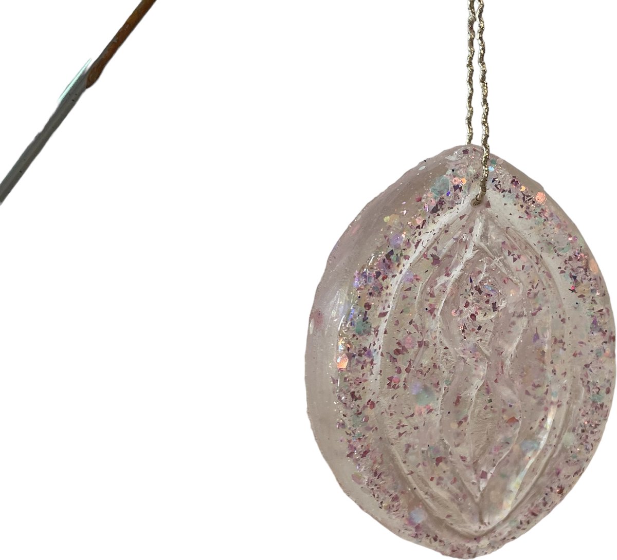 Roze holografische kerstboomhanger in de vorm van een flamoes/vagina voor decoratie en kunst.