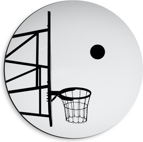 Dibond Muurcirkel - Bal Vallend in Basket (Zwart-wit) - 40x40 cm Foto op Aluminium Muurcirkel (met ophangsysteem)