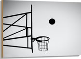 Hout - Bal Vallend in Basket (Zwart-wit) - 100x75 cm - 9 mm dik - Foto op Hout (Met Ophangsysteem)