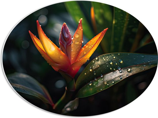 PVC Schuimplaat Ovaal - Oranje Paradijsvogelbloem Tussen donker Groene Bladeren met Waterdruppels - 56x42 cm Foto op Ovaal (Met Ophangsysteem)