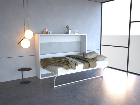 Opklapbaar bed 140 x 200 cm - Horizontale handmatige opening - Wit - MALINA II L 208 cm x H 154 cm x D 159 cm
