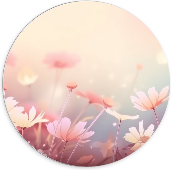 PVC Schuimplaat Muurcirkel - Getekende Licht Roze Bloemen met Wazige Roze Achtergrond - 70x70 cm Foto op Muurcirkel (met ophangsysteem)