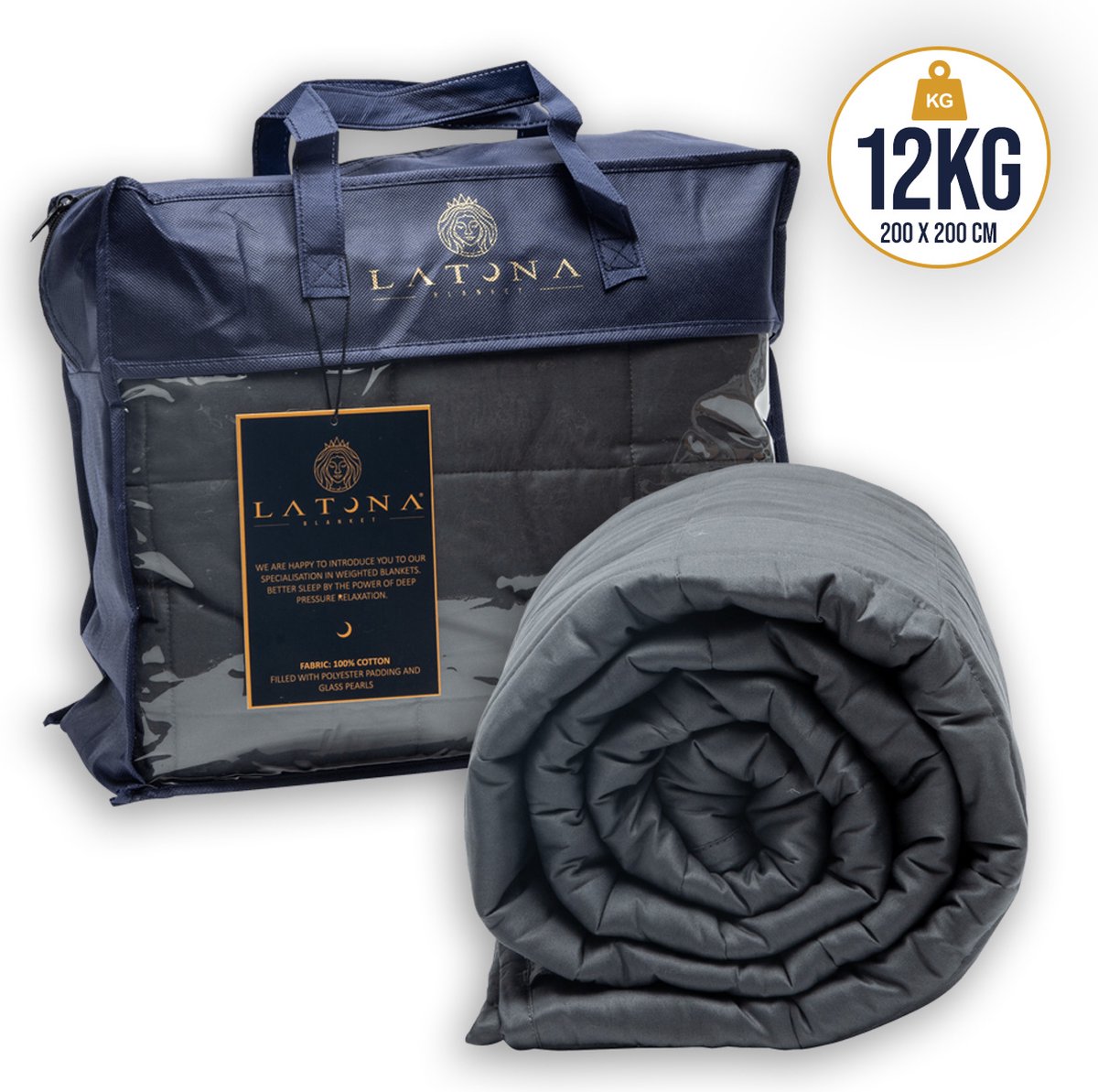 Latona Blanket® Verzwaringsdeken tweepersoons 200 x 200cm - 12kg - Antraciet - Katoen - Weighted blanket