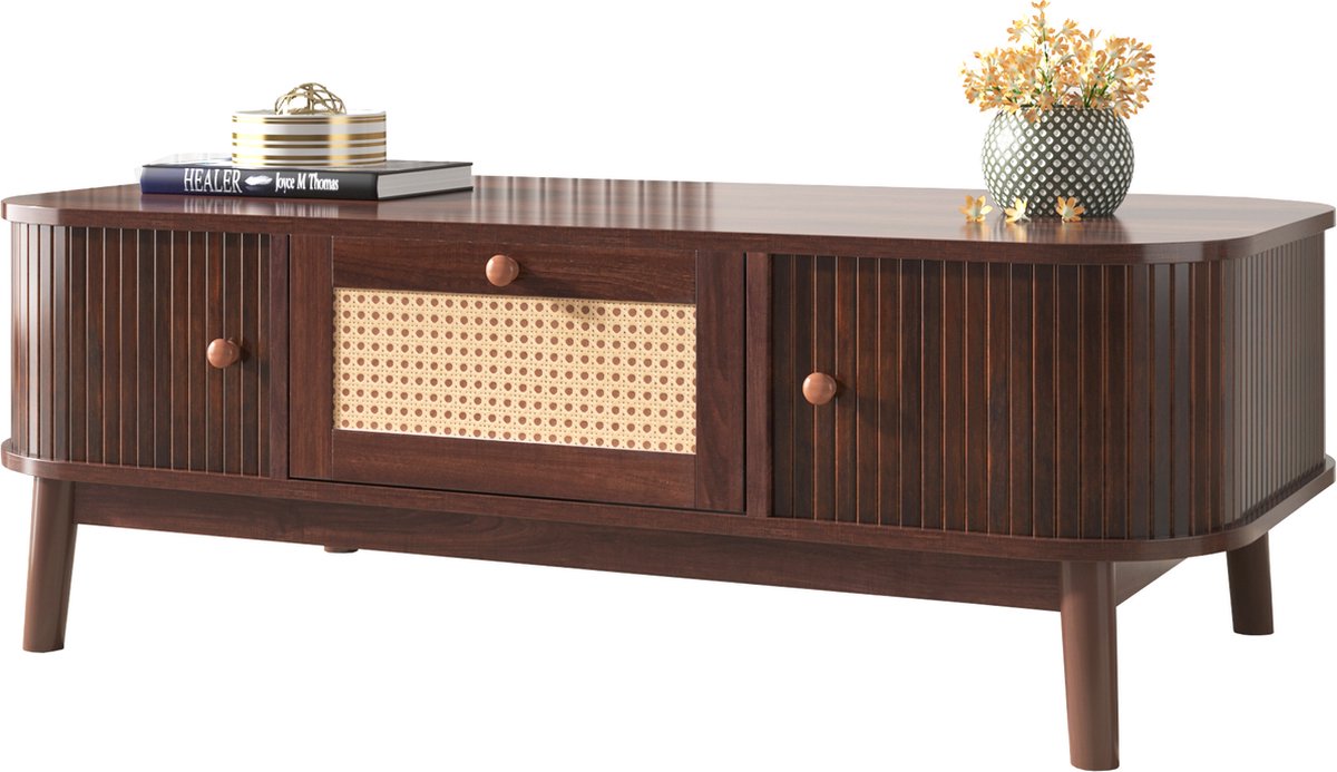 Merax Salontafel Rotan - Salontafels met Schuifdeuren en Lade - Bruin