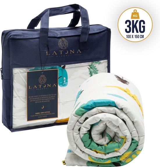 Latona Blanket® Verzwaringsdeken Kind 3kg - Weighted Blanket - Dinoprint - 100 x 150cm - 100% katoen - 7-laags