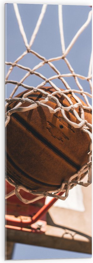 Acrylglas - Basketbal in Basket - 30x90 cm Foto op Acrylglas (Wanddecoratie op Acrylaat)