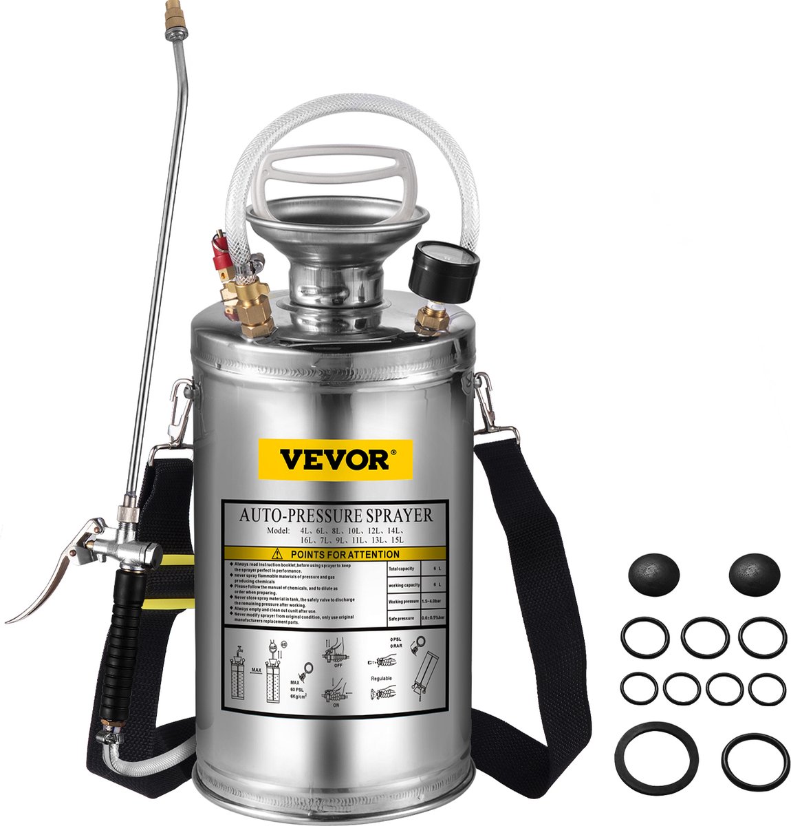 VEVOR Tuinsproeier Sproeier Rugspuit Rvs Sproeier High Performance Sproeier Drukspritze 6l Stabiel