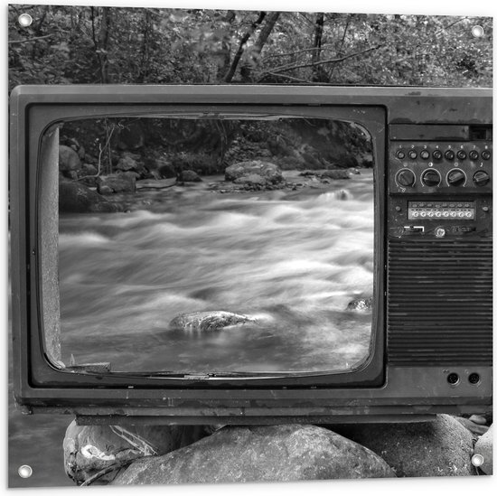 Tuinposter – Oude Vintage Televisie met Doorkijk op Rivier (Zwart-wit) - 80x80 cm Foto op Tuinposter (wanddecoratie voor buiten en binnen)
