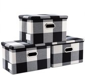 Opvouwbare opbergcontainer met deksel [3-pack] stof opvouwbare opbergdoos organisator containermand kubus met deksel voor huis zwart-wit raster (38 x 25 x 25)
