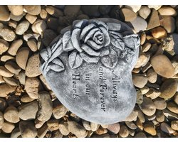 Gedenksteen Hart met Roos - Betonnen Grafdecoratie "Always and Forever in our Hearts" - Herdenkingssteen Weerbestendig - Grijs - 20 x 17 cm