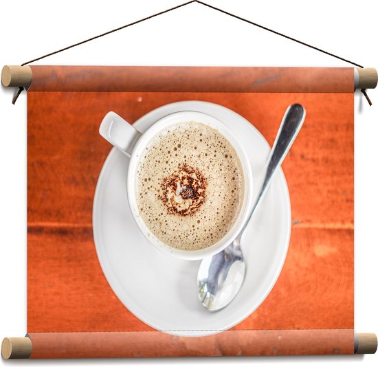 Textielposter - Bovenaanzicht van Wit Kopje met Koffie op Houten Tafel - 40x30 cm Foto op Textiel