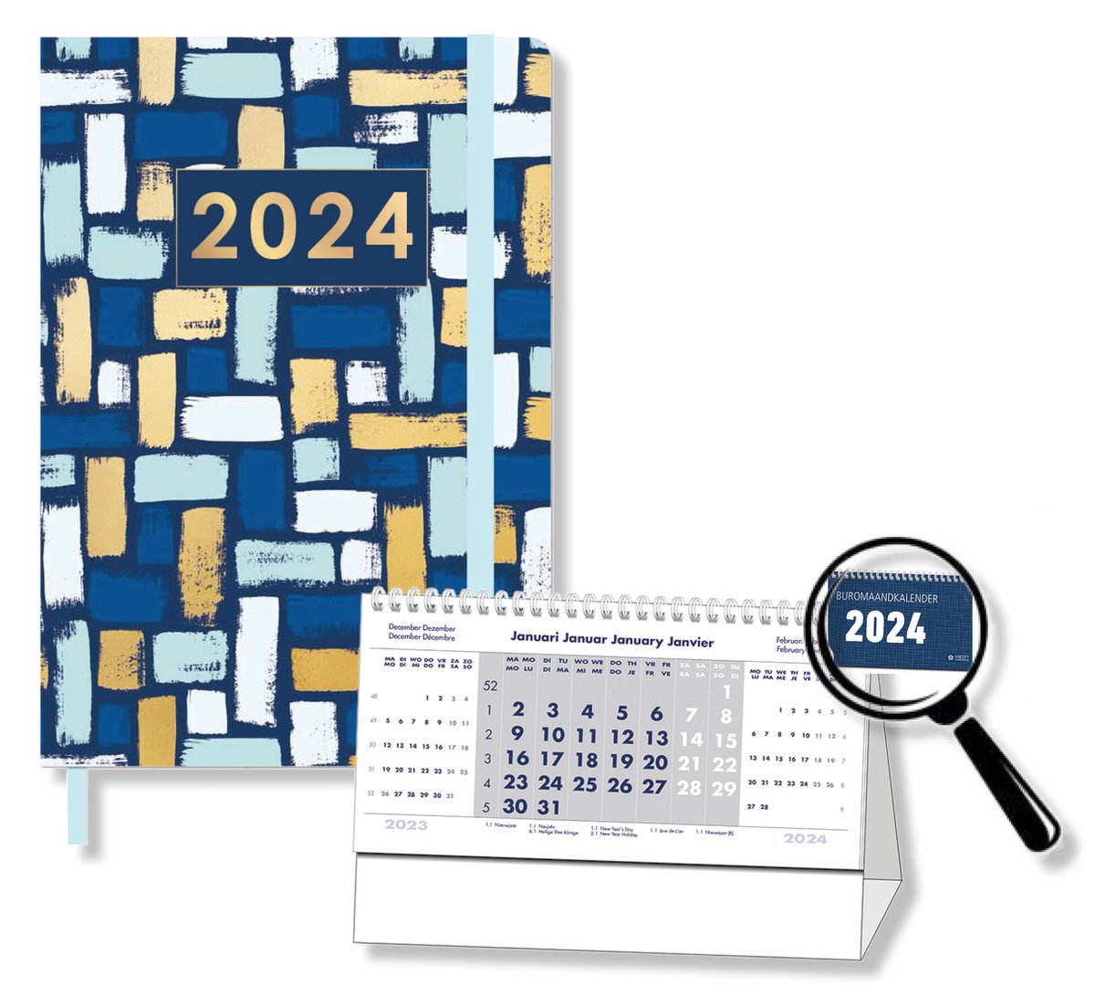 MGPcards - Agenda 2024 - A5 (21,5x15,5 cm) - Foliedruk - Week op 2 pagina's - Ruime Vakken - Blauw + Burokalender Blauw