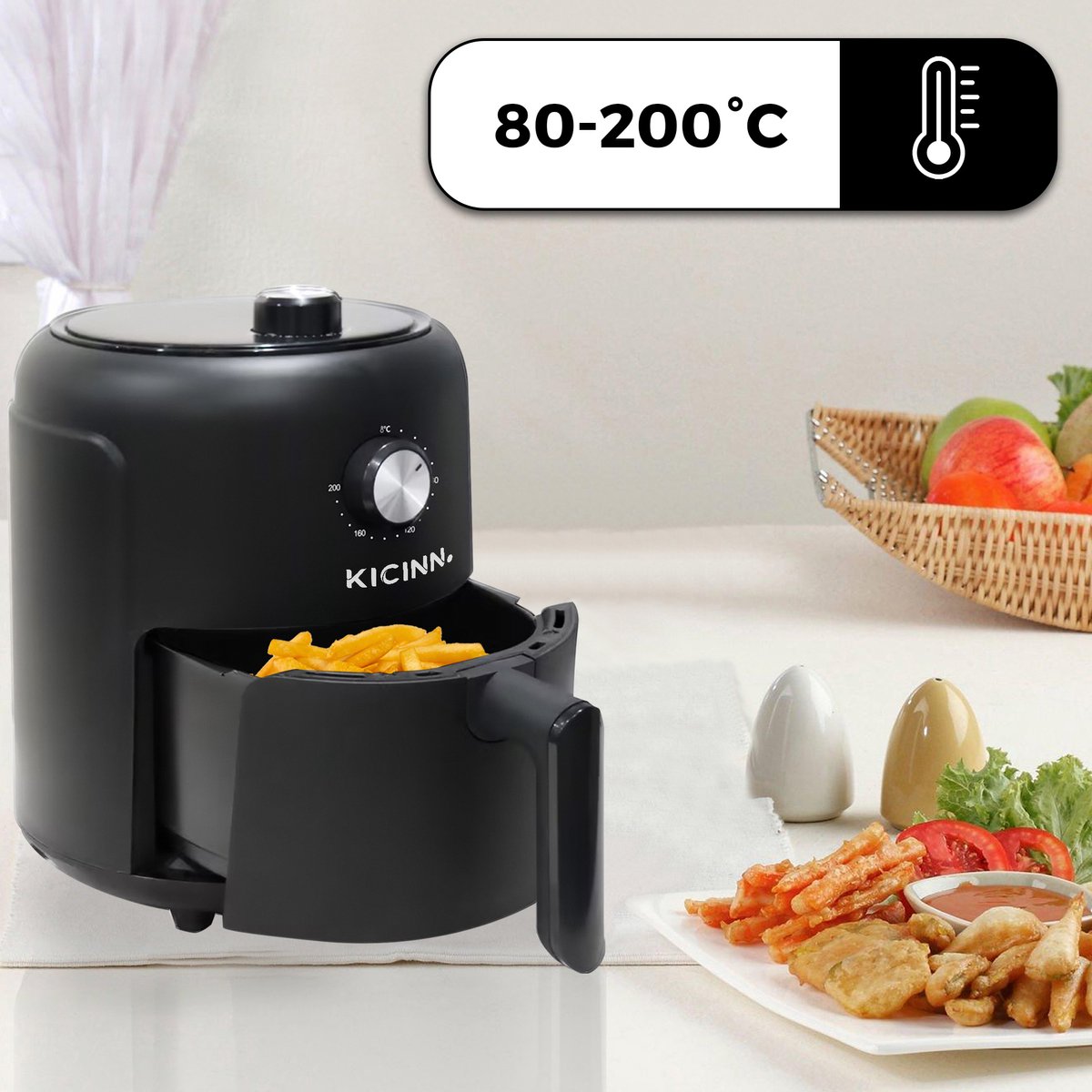 Afbeelding 2 van Kicinn Airfryer - Airfryer XL - Hetelucht friteuse - 3 Liter - 1000 Watt - Zwart