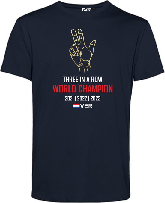 T-shirt Three in a Row World Champion | Formule 1 fan | Max Verstappen / Red Bull racing supporter | Wereldkampioen | Navy | maat L