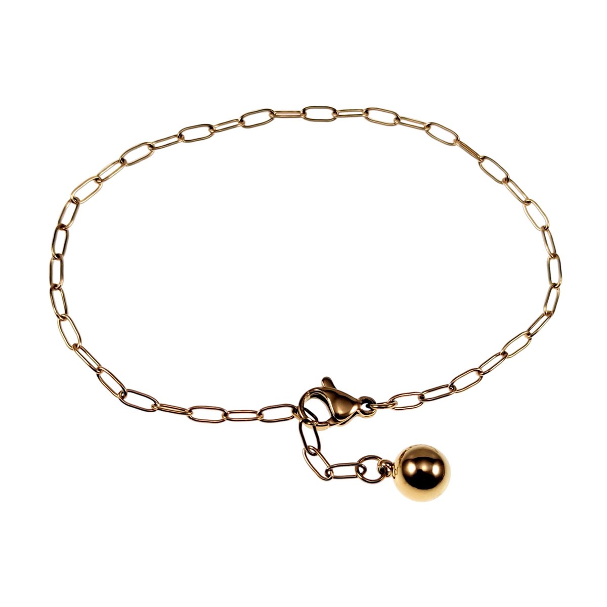 Armband Dames - Geel goudkleurig Verguld RVS - Paperclip Schakelsarmband - Armband met Bol Hanger - Verstelbaar Armband