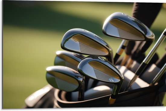 Dibond - Golf Clubs in Trolley op Golfbaan - 75x50 cm Foto op Aluminium (Wanddecoratie van metaal)