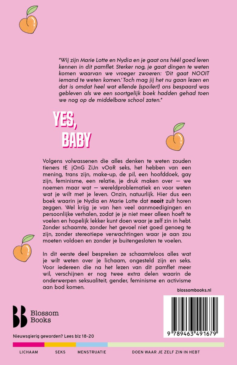 Achterkant van het boek met tekst en een illustratie van een appel. Titel YES, BABY staat er met roze letters.