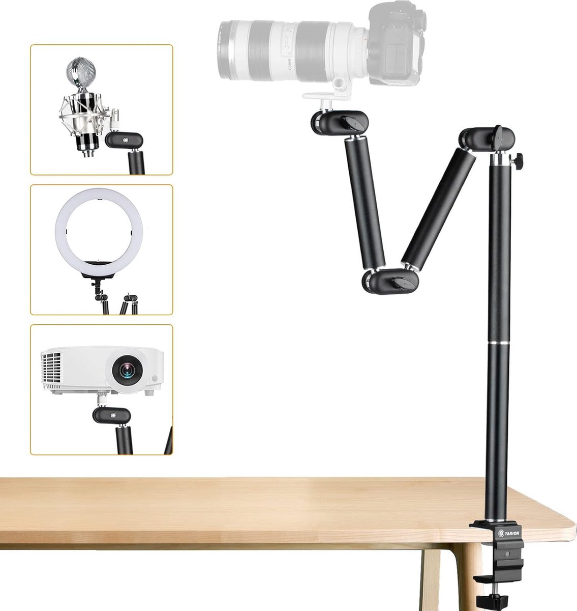 DImotliyor Overhead Camera Mount Bureaustandaard, 3-delige flexibele afneembare scharnierende arm met 1/4 3/8 5/8 schroef & 360 ° kogelkop, C-klem tafelbladhouder voor