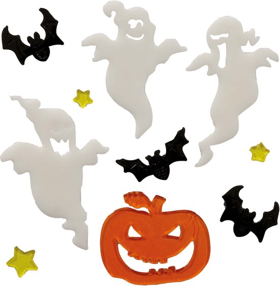 Halloween gel raamstickers met witte spoken, zwarte vleermuizen, gele sterren en een oranje pompoen.