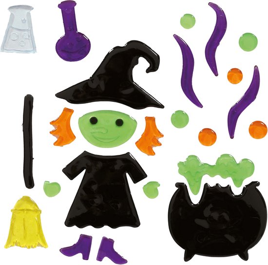 Halloween gel raamstickers met een groene heks, zwarte hoed en jurk, paarse en oranje bubbels, een zwarte ketel en een bezem.