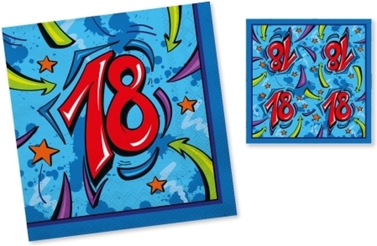 20x Servetten 18 jaar blauw/rood 33 x 33 cm ? Feest tafeldecoratie servetjes - Verjaardag thema papieren tafeldecoraties - Merkloos