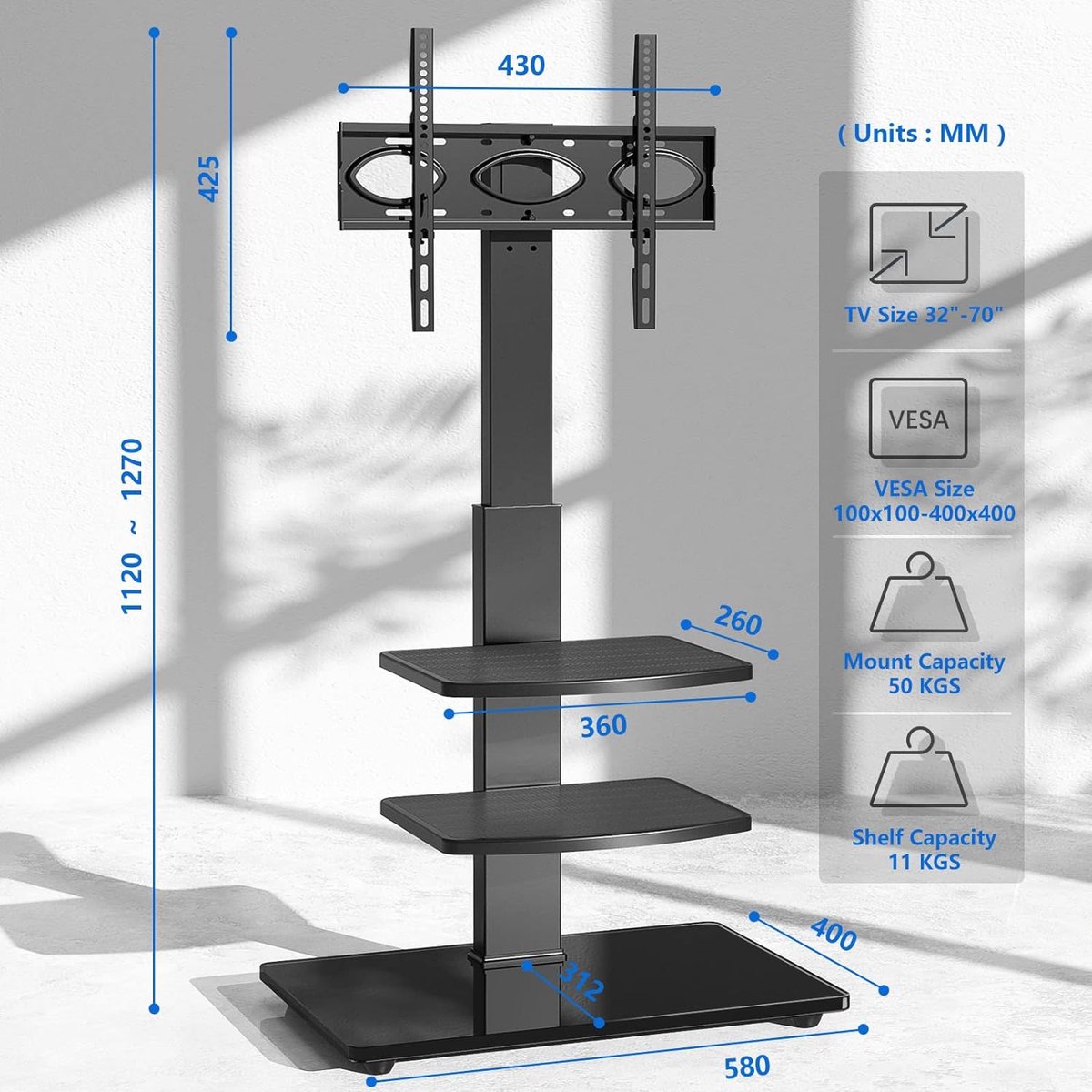 AOKCOS TV Standaard Vloer voor 32-70 inch TV,TV Stand 8 In Hoogte Verstelbaar Draaibaar 60° Kantelbaar 12° tot 40 KG Max VESA 400x400 mm