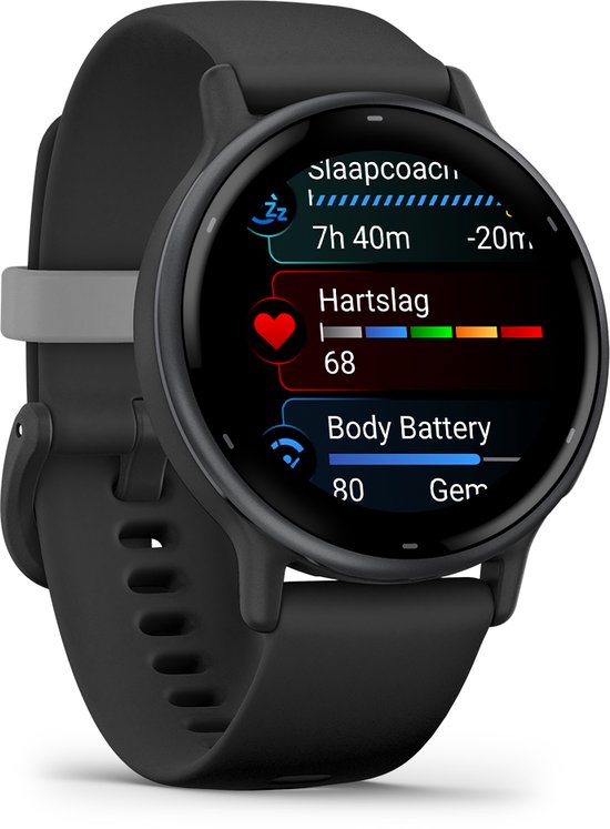 Zwart Garmin sporthorloge met AMOLED-scherm toont slaapcoach, hartslag en Body Battery.
