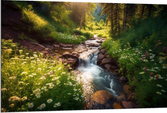 Dibond - Rivier Omringd door Bloemetjes Stromend door het Bos - 120x80 cm Foto op Aluminium (Met Ophangsysteem)